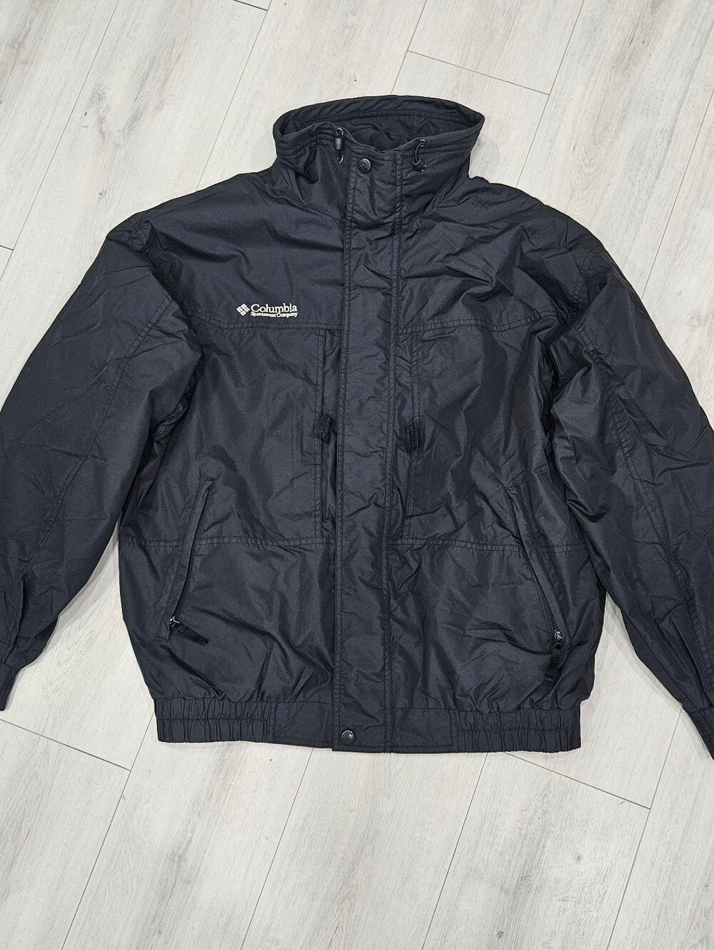 Columbia Mens Black Softshell Windbreaker Jacket Full Zip Snaps High Neck Sz L